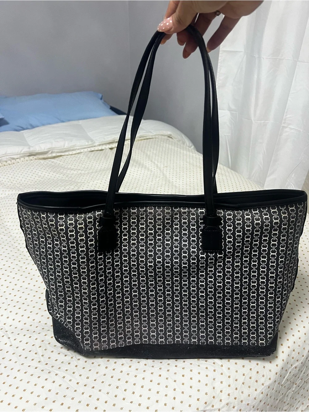 Tory Burch Black and Cream Logo Stripe Tote